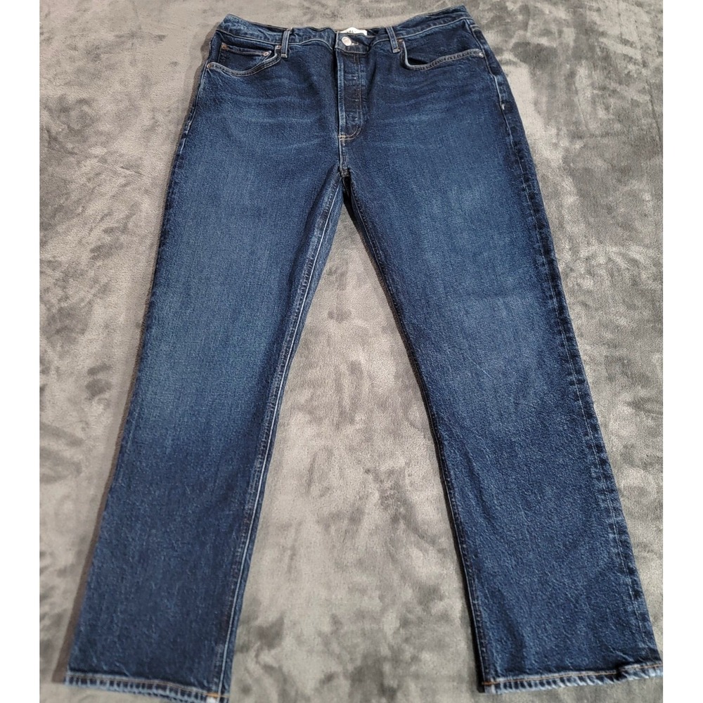 AGOLDE Riley Long Jeans Women 32 Dark Wash High Rise Straight Button Fly Stretch